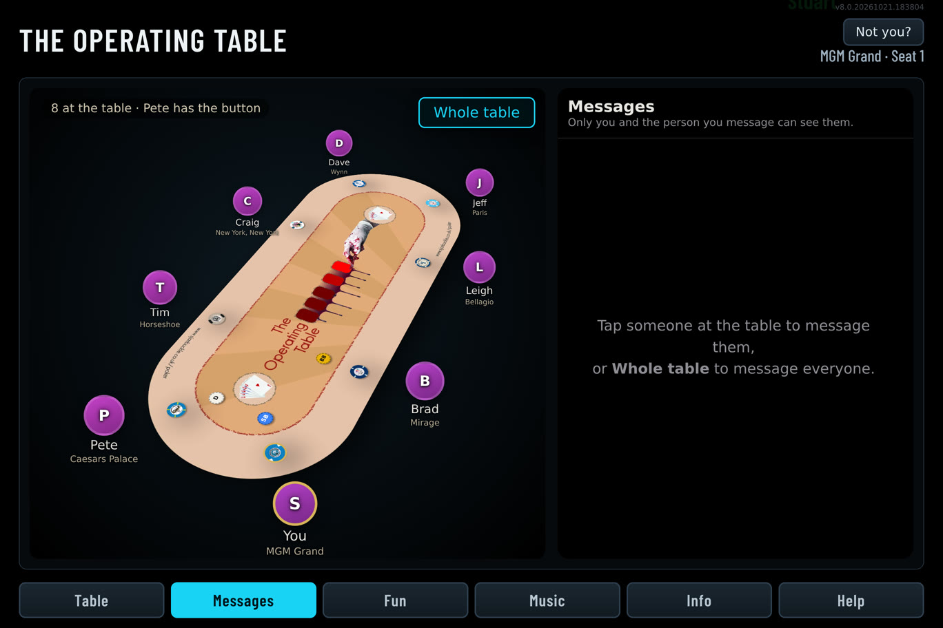 Messages: a 3D map of the table, tap a player to message them